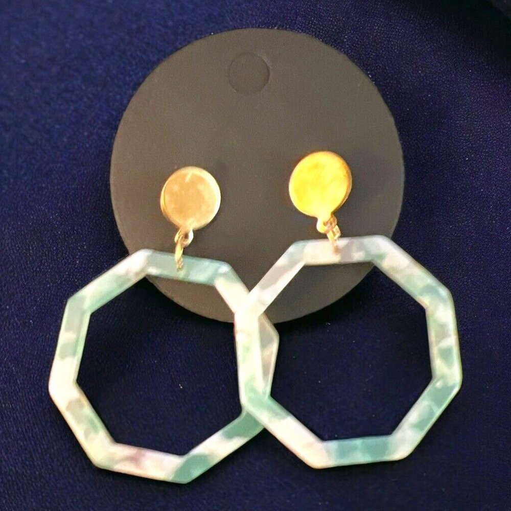 Gold Post Stud Earrings with Seafoam Green Acrylic Geometric Hoops